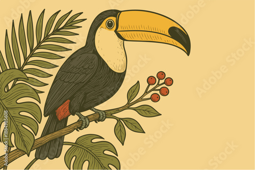 Toucan Bird Sitting on Branch Botanical Vector Illustration