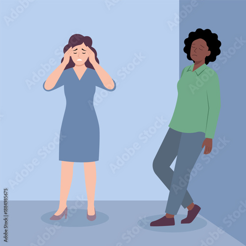 Illustration of women suffering from different health symptoms, featuring a woman with a migraine headache and another experiencing fatigue and exhaustion.