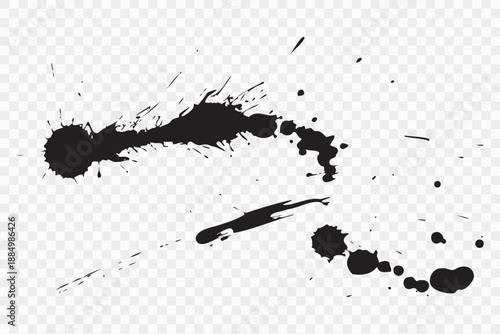 Vector black ink brush blots, grunge design element, mud banner, watercolor design, dirty texture. Isolated brush strokes on transparent background