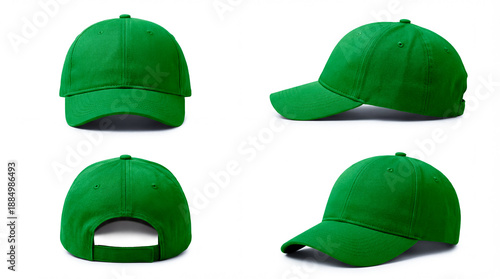 Green baseball cap mockup pack with front view, back view, left side view and perspective shot, vibrant unbranded headwear isolated on white, great for streetwear branding, apparel design, promotional
