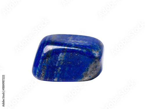 A polished lapis lazuli gemstone isolated on a plain background, viewed from directly above, showcasing its deep blue color and golden flecks