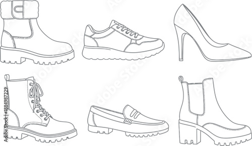 Collection of various types of shoes outlined