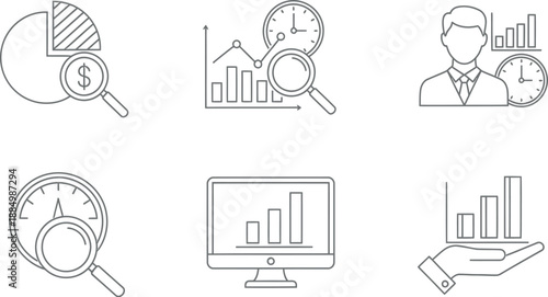 Business analysis icons featuring graphs and magnifying glass