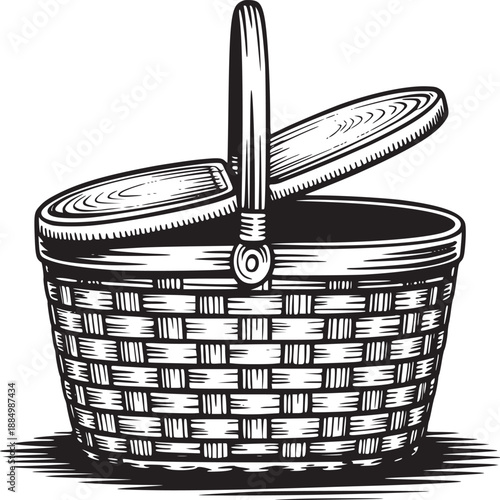 A vintage style illustration of a picnic basket with a partially open lid on a neutral background