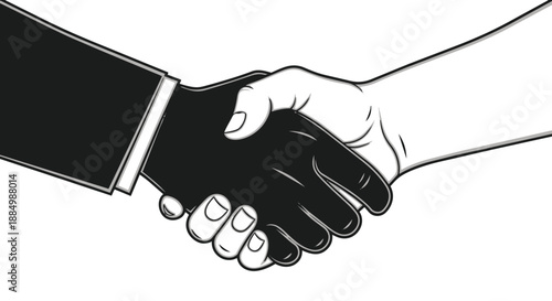 Black and white illustration of two hands shaking in agreement or partnership