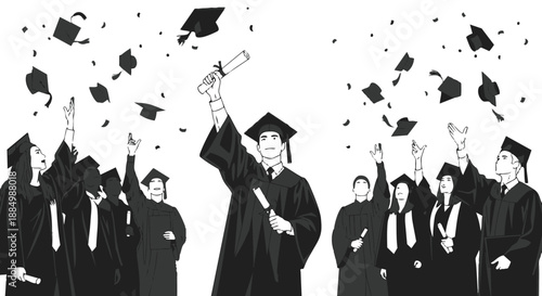 Graduates in black robes and caps throwing hats in the air