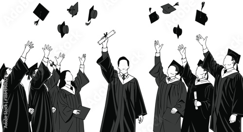 Graduates in black gowns throwing caps in the air