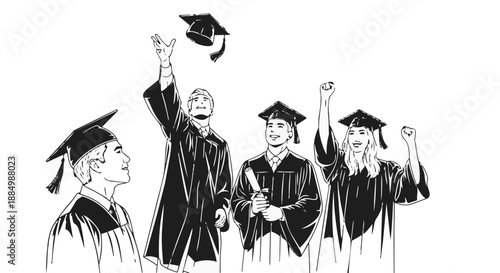 Graduation celebration with students in caps and gowns throwing hat