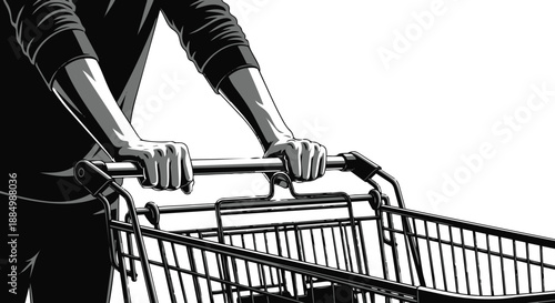Person pushing a shopping cart with hands on handle