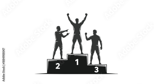 Black silhouette of three athletes standing on a podium with numbers 1, 2, 3
