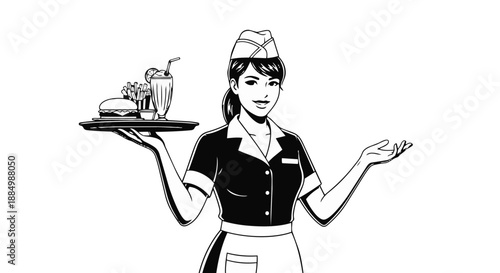 Waitress carrying tray with food and drink in a friendly gesture