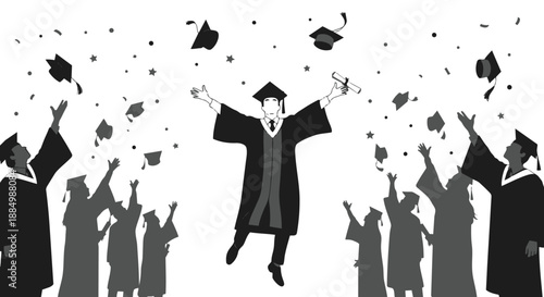 Graduate in cap and gown jumping with confetti and caps flying around him