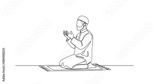 Serene moment of a man in traditional attire deeply engaged in prayer on a prayer mat, conveying a sense of peace and devotion.