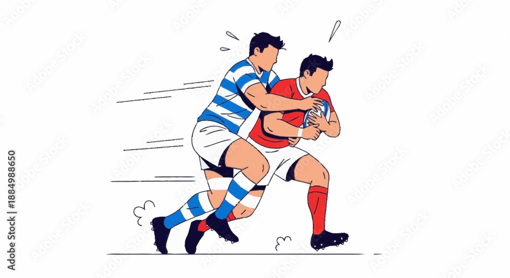 Fototapeta premium Two rugby players in action, one in blue and white stripes, the other in red, tackling each other on the field illustration