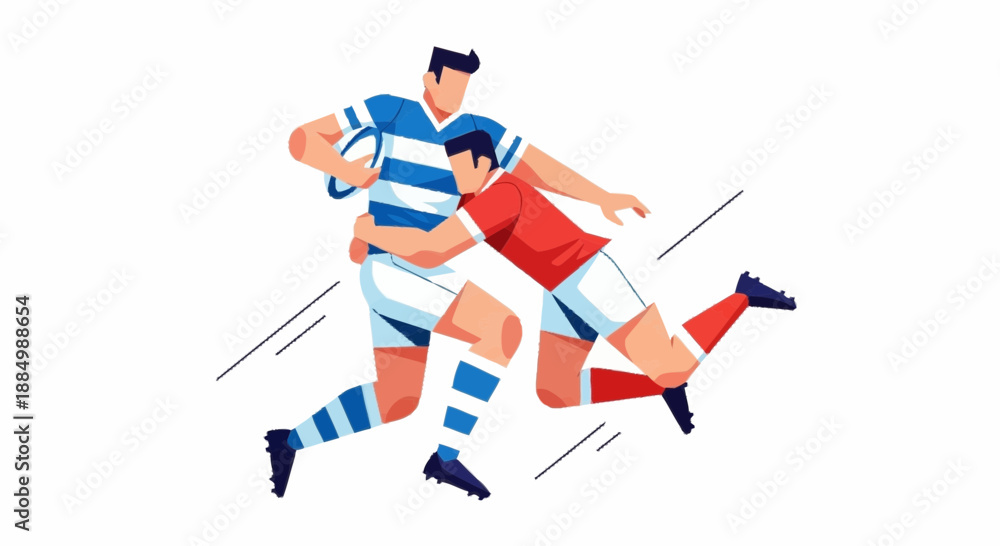 Obraz premium Two rugby players tackling each other on a field in a dynamic motion Whisk_1czmygzyxmtyjdzmtktn2ktlhnty00inhfdntgj