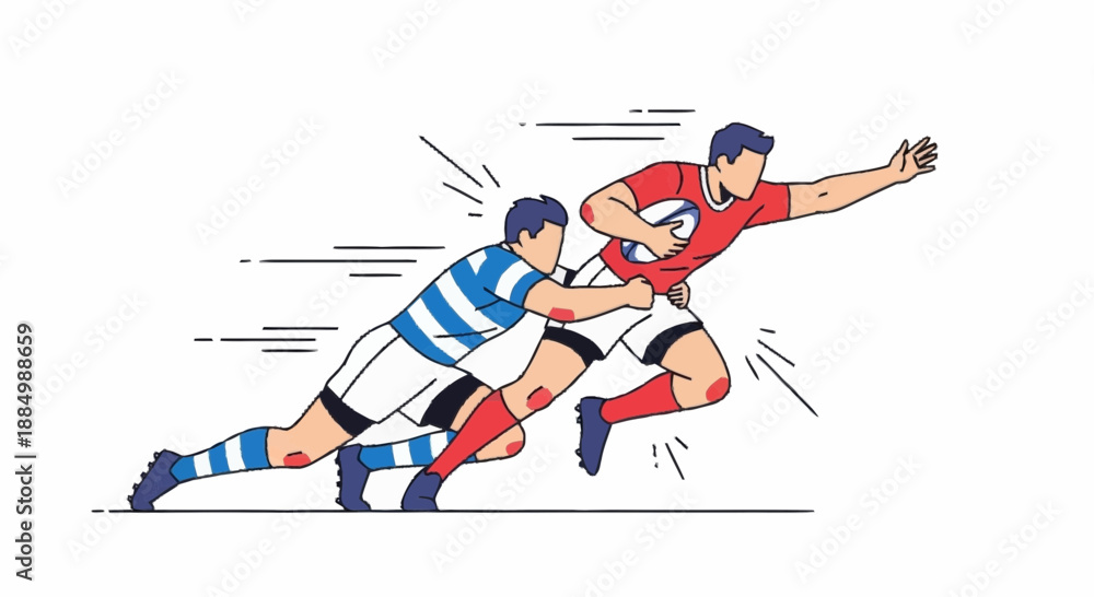Fototapeta premium Rugby players clash in intense action on the field with ball carrier sprinting forward.
