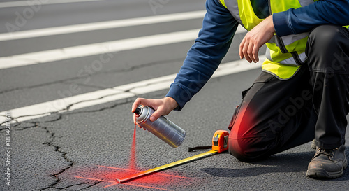 Construction worker in safety vest spray painting red mark on asphalt road with measuring tape
