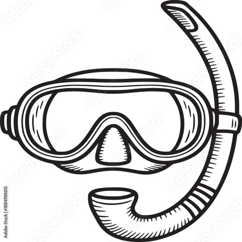 A black and white drawing of a diving mask and snorkel with detailed line work on a white background