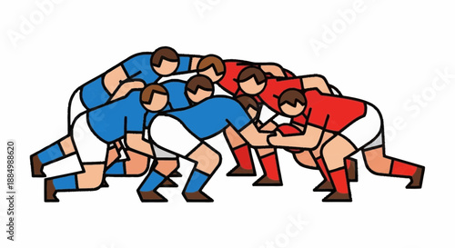Rugby players engage in intense scrum during competitive match illustration