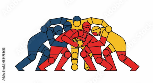 Three players competing in a fierce tug of war match, showcasing strength and teamwork in a graphic illustration
