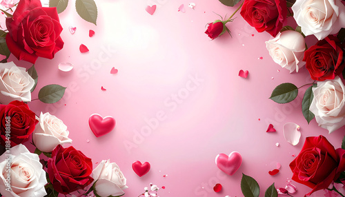 Valentine's Day Floral Border with Red and White Roses and Floating Hearts