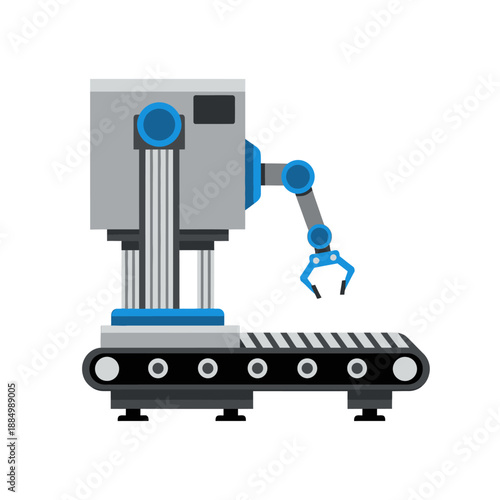 Industrial robot arm on conveyor assembly line vector illustration