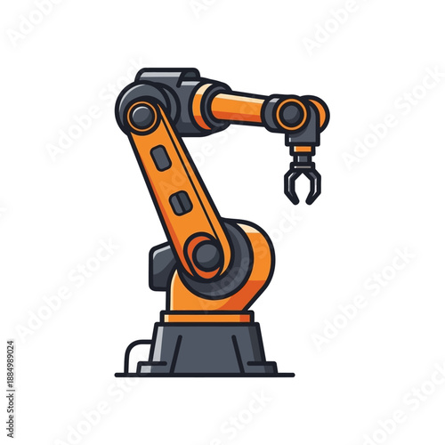 Industrial robot arm vector illustration in a factory setting showing mechanical machinery in action from a side viewpoint.