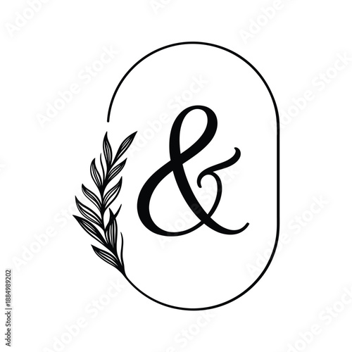 Elegant ampersand logo with floral branch inside a rounded frame