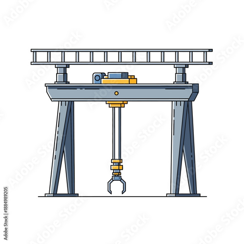 Vector illustration of an industrial robot crane lifting heavy machinery in a factory setting