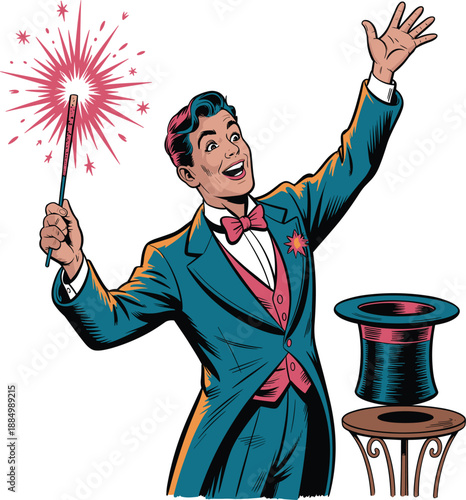 Happy vintage magician character performing magic tricks with sparkling wand and top hat vector illustration