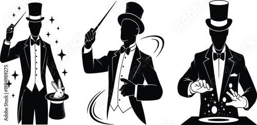 Black magician silhouettes with top hats magic wands and rabbit in hat isolated on white vector