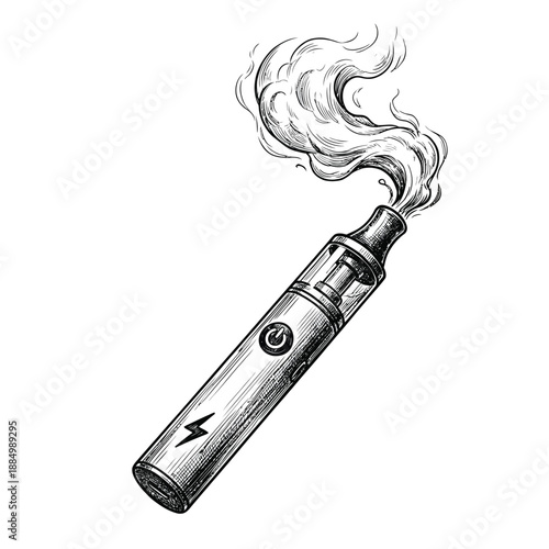 Detailed illustration of a modern electronic cigarette with rising smoke