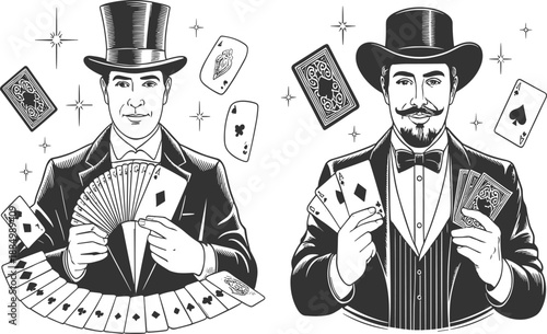 Professional magician silhouettes performing card tricks and illusions with top hats and vintage style vector