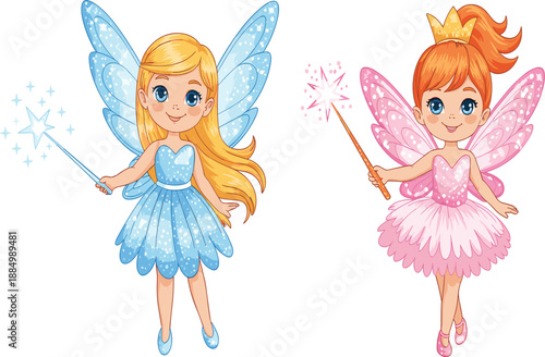 Two cute fairy princesses with magic wands and sparkling wings isolated on white background vector