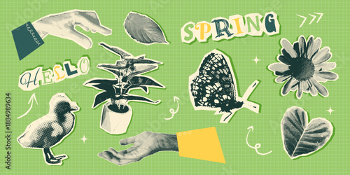 Spring element set with flowers, hands and botanical shapes. Seasonal spring collection in vintage collage halftone style. Vector illustration elements for banners, posters, web and digital design