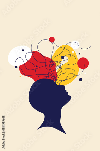 Abstract surreal human head silhouette overflowing with vibrant red yellow fluid thoughts bubbles lines circles, minimalist overthinking mind brain memories concept vector illustration.