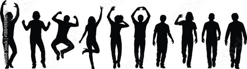 Human silhouette illustration set, expressive standing, dancing, jumping poses, cad drawing flat vector artwork, black and white theme