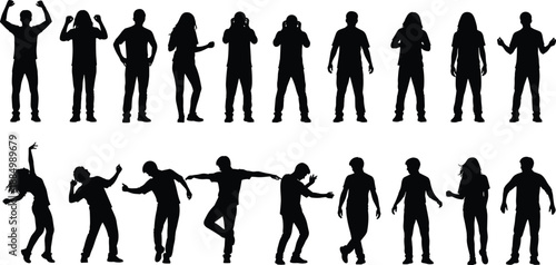 Human silhouette illustration set, expressive standing and dancing poses, gesture and body language, cad drawing flat vector artwork, black and white