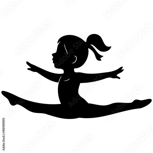 Young girl performs graceful gymnastics split, showcasing flexibility and strength in dynamic pose