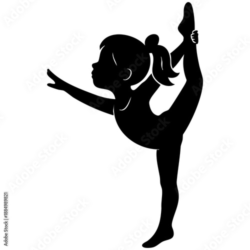 Young girl performs graceful gymnastics pose, showcasing flexibility and strength