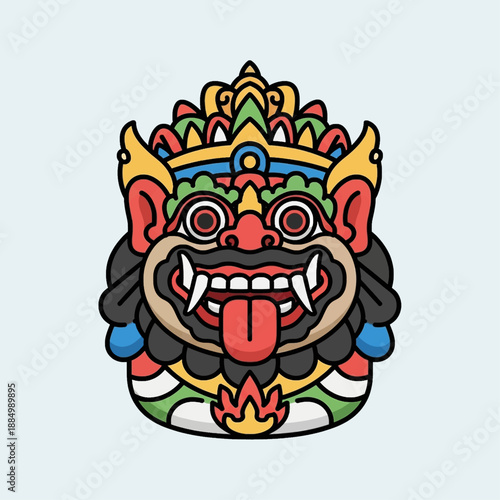 A colorful, stylized illustration of a traditional Balinese mythical creature mask with fangs and a protruding tongue, featuring intricate details and vibrant colors.