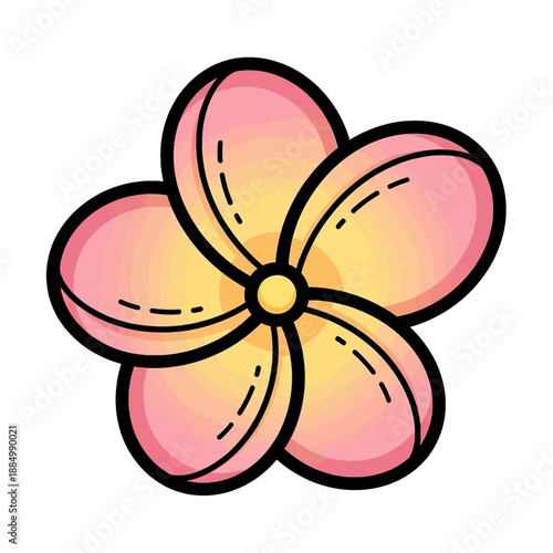 Cartoon illustration of a pink and yellow tropical flower with five petals and a black outline.