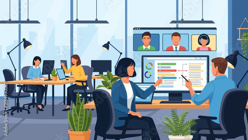 Office Meeting with Remote Colleagues on Screen.