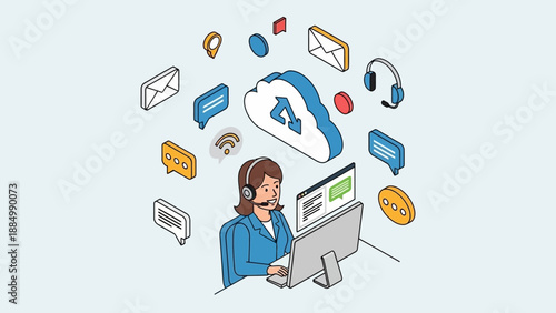 Woman working on computer with cloud icons.
