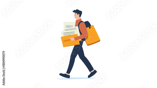 Delivery Man Walking with Packages and Bag.