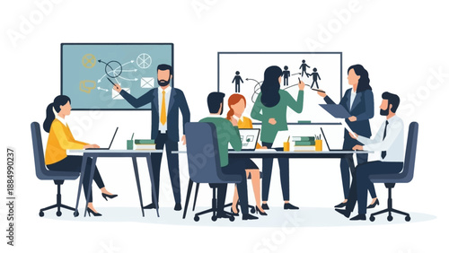 Business Team Meeting with Presentation and Discussion.