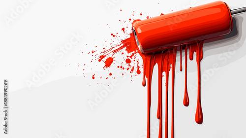 Red Paint Roller with Dripping Paint.