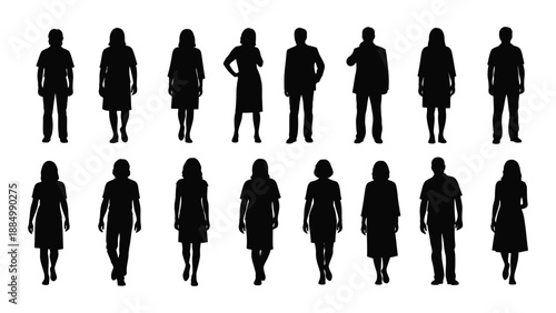 Silhouettes of people in various poses isolated on white background, Vector