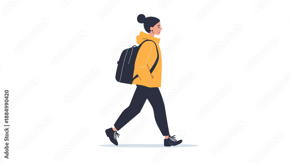 Fototapeta premium Young woman walking with backpack illustration.