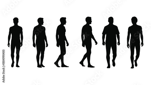 Sequence of walking silhouettes isolated on white background, Vector